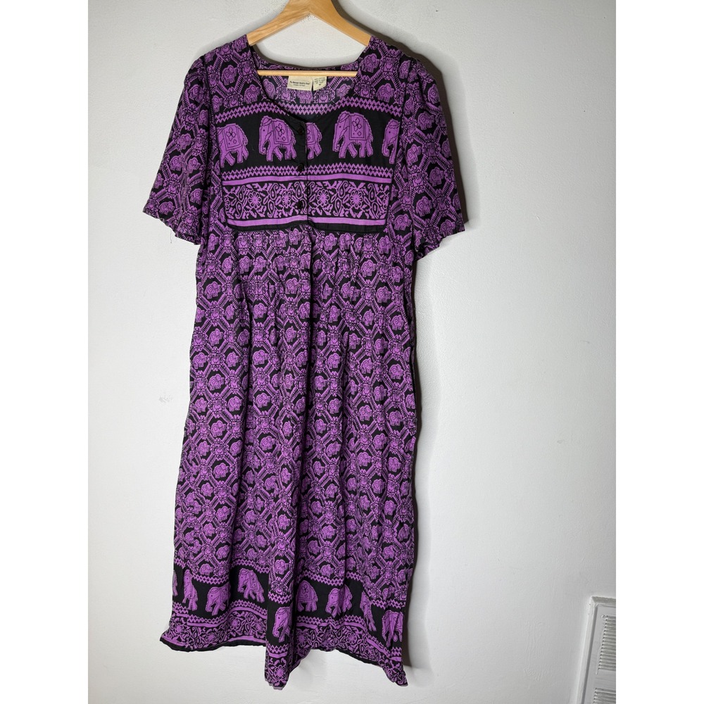 Vermont Country Store Elephant Print Cotton Muumuu Dress Purple Black Medium